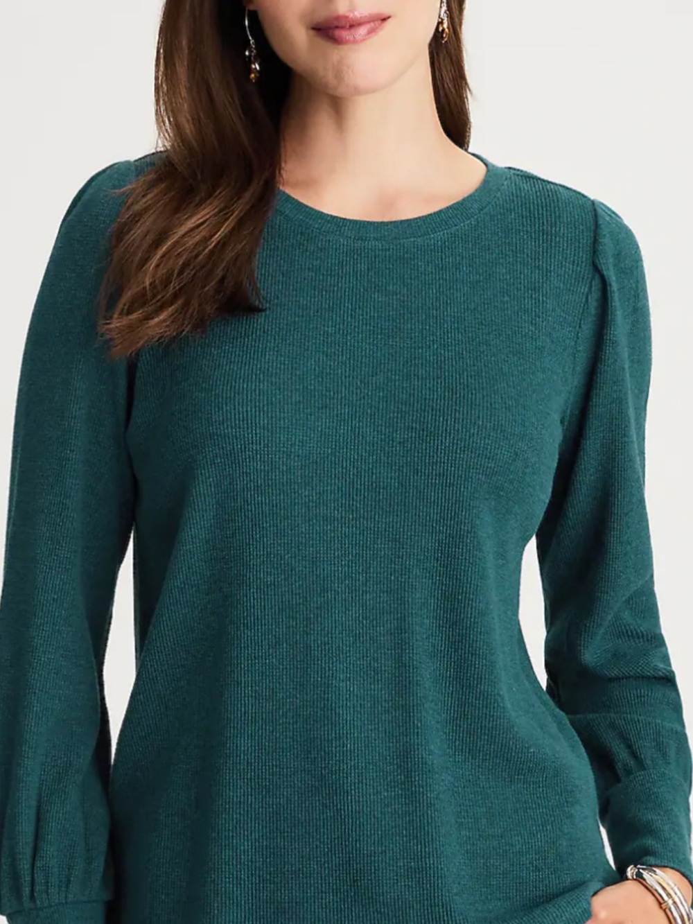 J. Jill Teal Crewneck Puff-Sleeve Waffle Knit Top. NWT